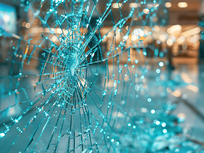 Shattered turquoise colored glass screen that looks like a spider's web