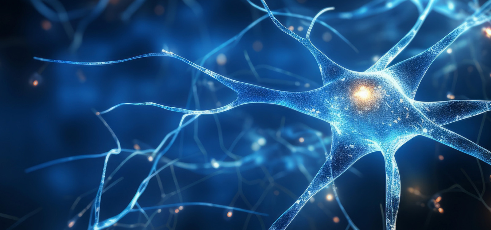 Abstract image of neurons connected together emitting blue light