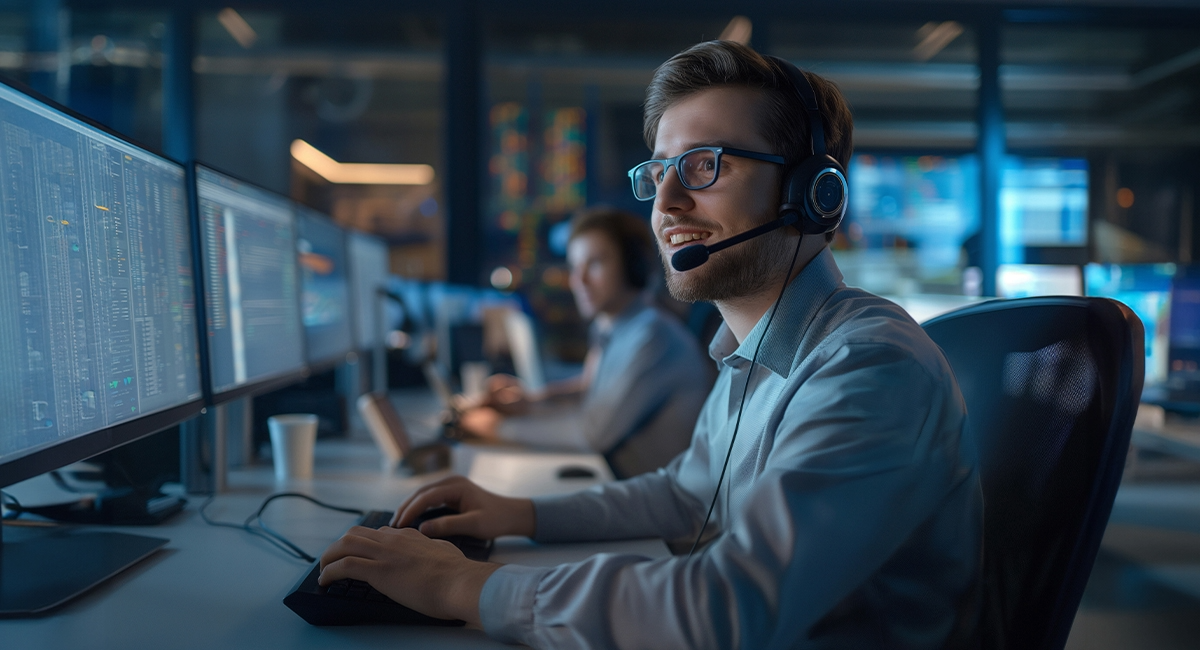 A man working at his desk in office wearing a headset