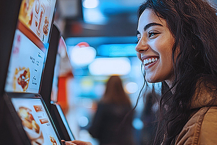 A young woman smiling and looking at a digital food ordering screen at a food reail joint