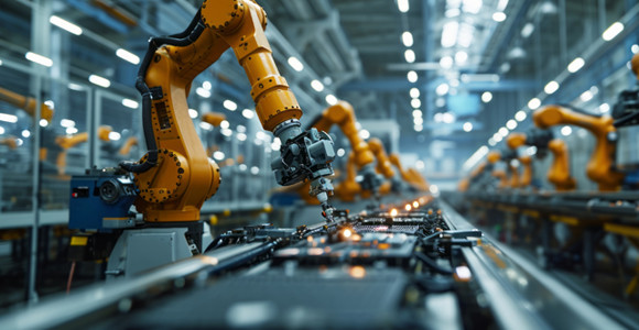 Brazos robóticos ensamblando componentes en una línea de fábrica automatizada