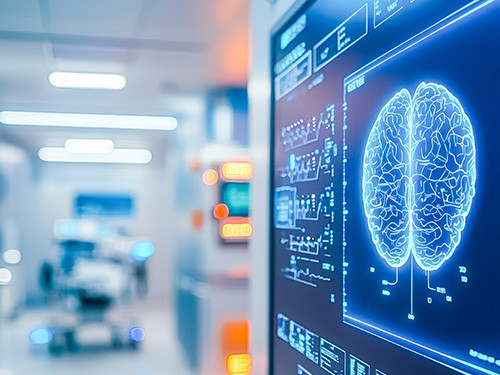 Schéma de cerveau sur un grand écran dans un contexte pharmaceutique.