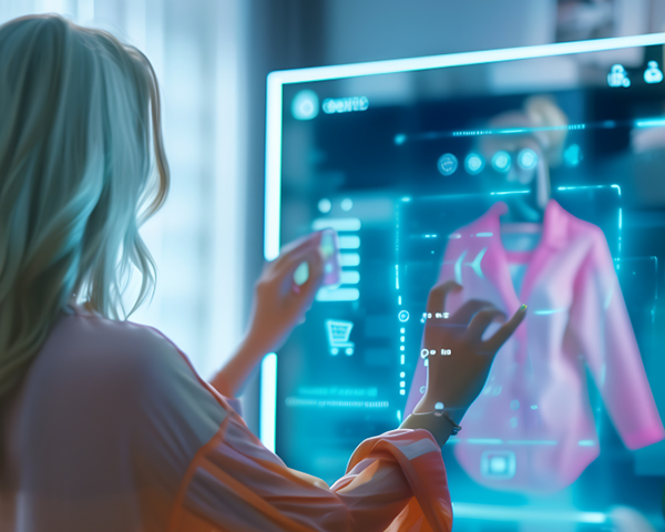 \Person using digital display to view 3D suit in clothing store