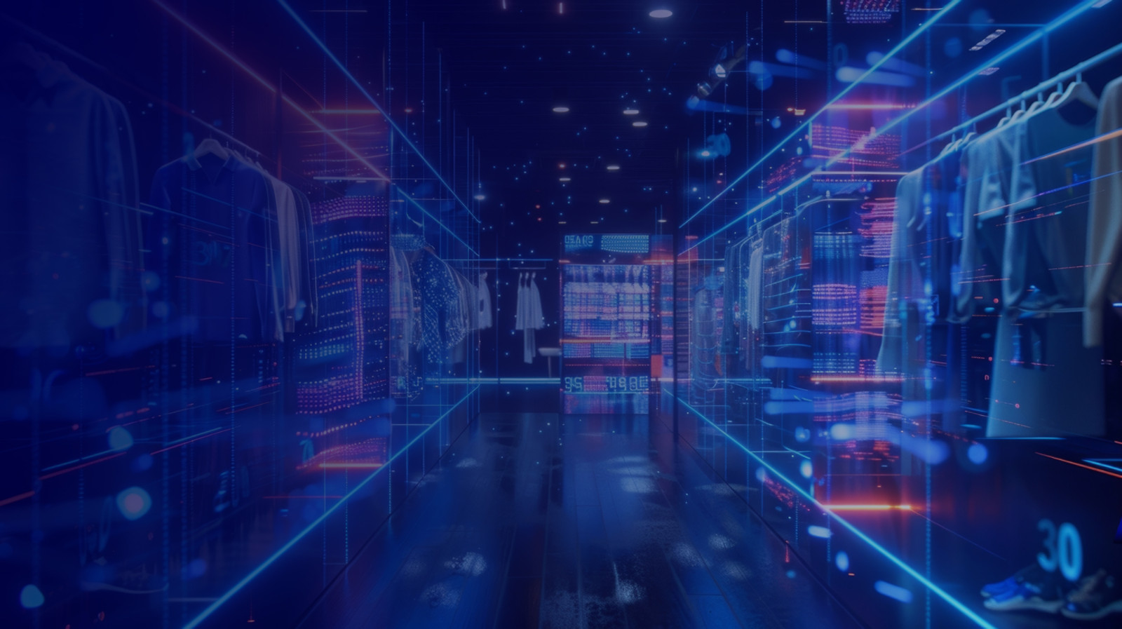 Immersive digital shopping experience showcasing clothing items with augmented reality interfaces, data visualization, and interactive displays in a futuristic retail environment