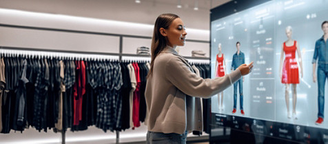 A woman examines a digital display showcasing clothing options in a modern retail store