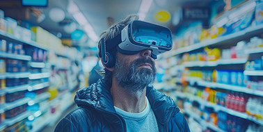 A man wearing virtual reality glasses standing in a grocery store aisle