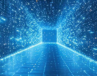 View of a long room bathed in blue light and digital speckles
