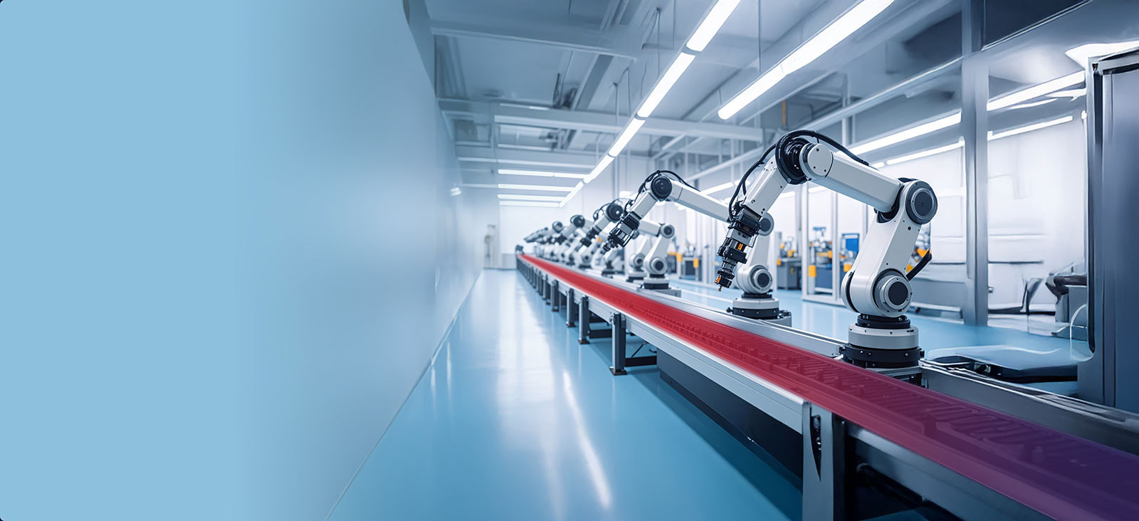 Robots lined up on a conveyor belt in a factory, ready for assembly and production tasks.