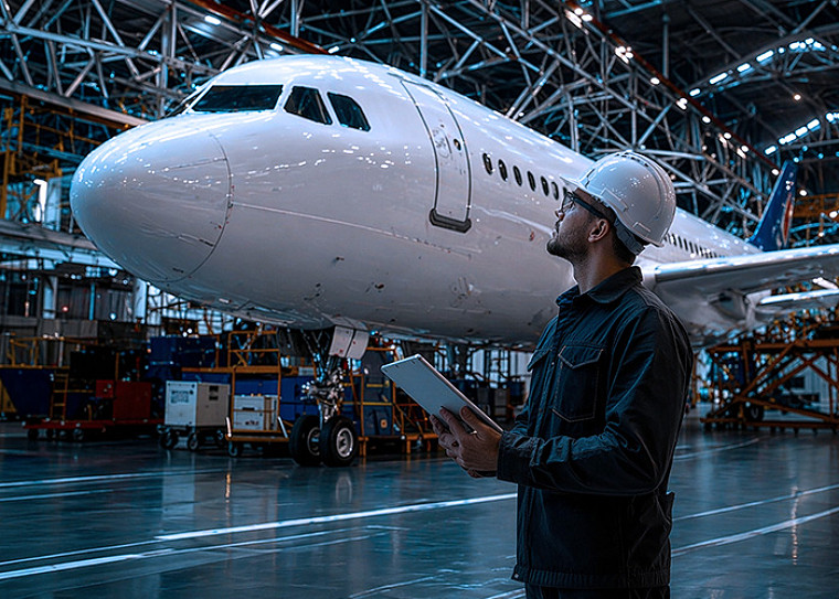 An aircraft engineer standing next to an airplace in a dock