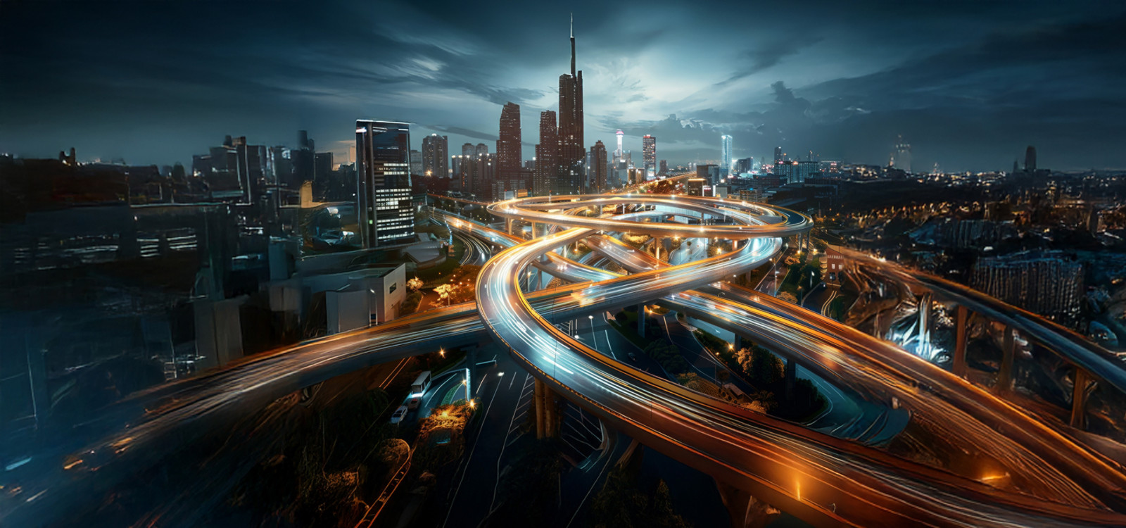 a night sky view of city highways and skyline