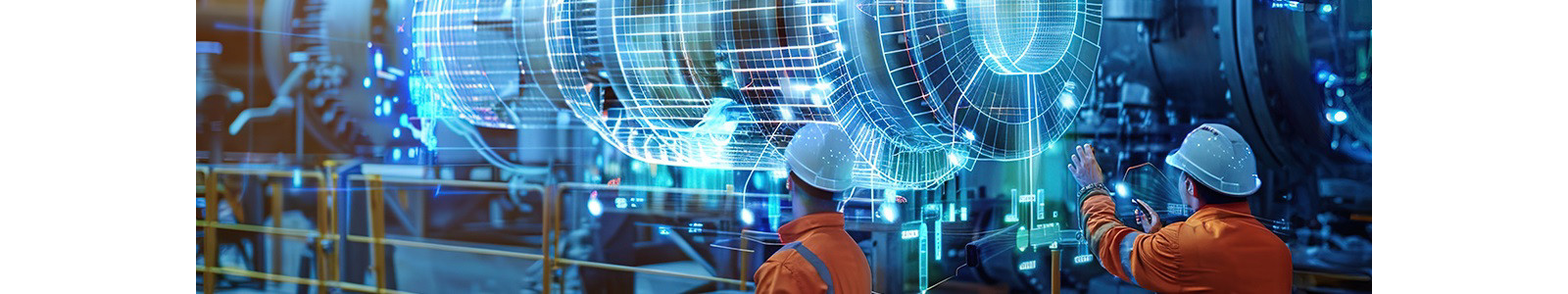 Factory workers interacting with a digital version of a machine