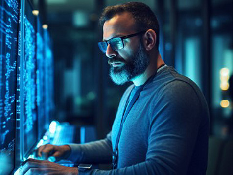 A bearded man wearing glasses, looking at a digital display screen