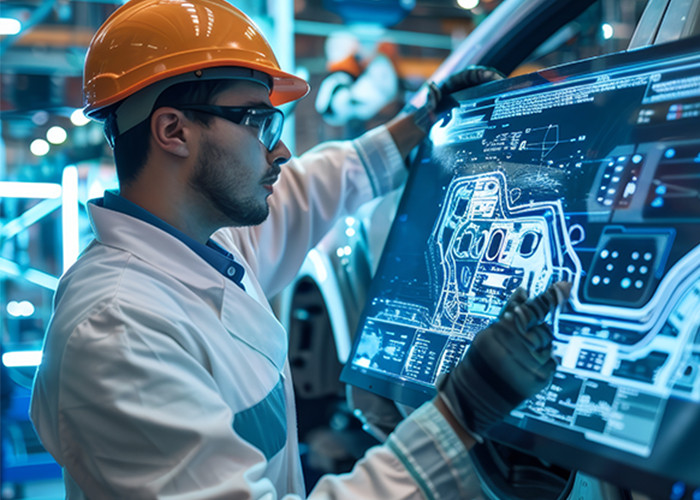 A factory technician wearing a white coat and yellow helmet interacting with a digital screen