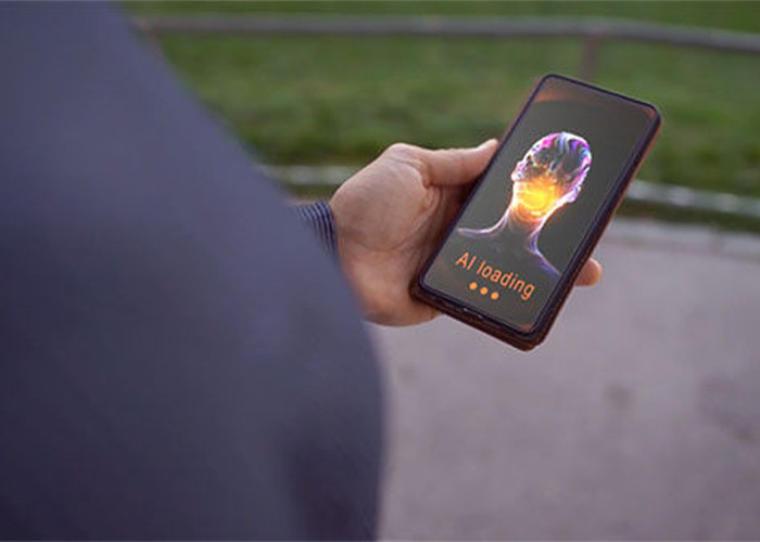 A person looking into a smartphone showing AI interface