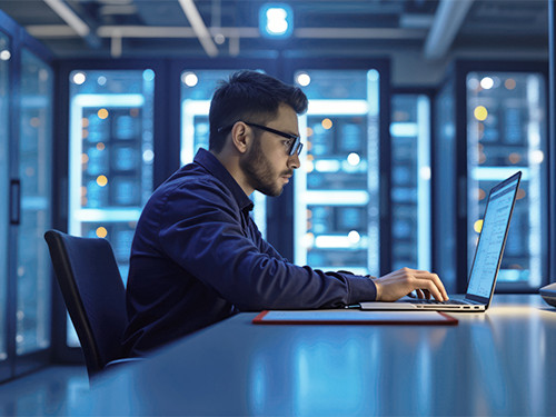 Person seated inside of a room with servers using a laptop