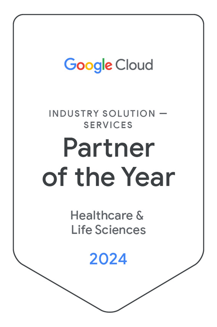 Badge which says Industry Solution Services Partner of the Year Healthcare & Life Sciences 2024