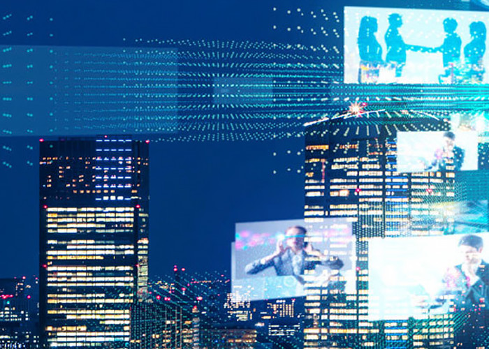 Night skyline seen from a glass window