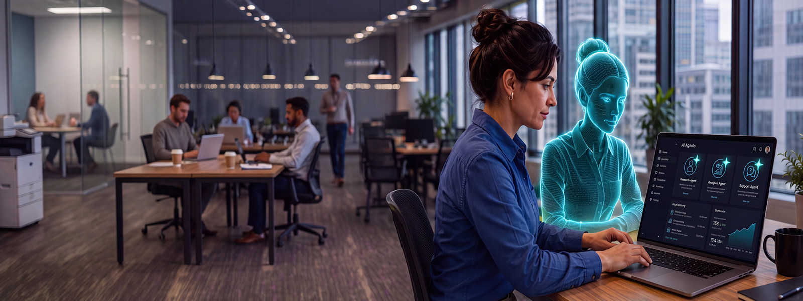 Business professional flanked by holographic digital avatars in office.