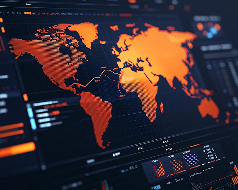 Interfaz de alta tecnología que muestra un mapa del mundo con visualización de datos en tonos naranjas y elementos digitales.