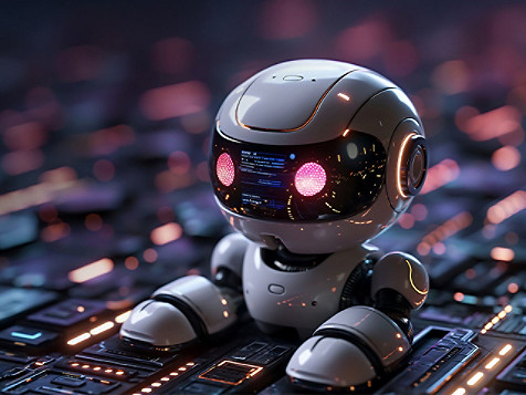 Roboter, der auf einem Computer-Motherboard sitzt und eine Mischung aus Technologie und Robotik in einer digitalen Umgebung repräsentiert
