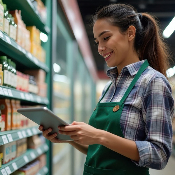 A smiling retail store worker holding a tablet next to a stack