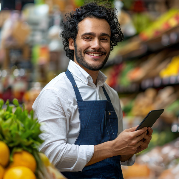 A smiling retail store worker holding a tablet in a fruits and vegetable section