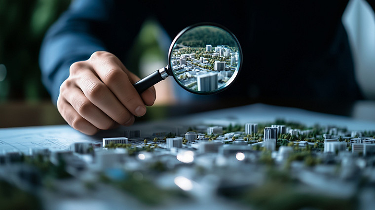 Planificador urbano examina el mapa detallado de la ciudad con una lupa