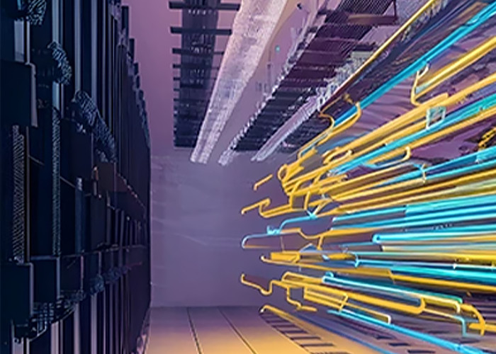 Abstract yellow blue lines in a server room