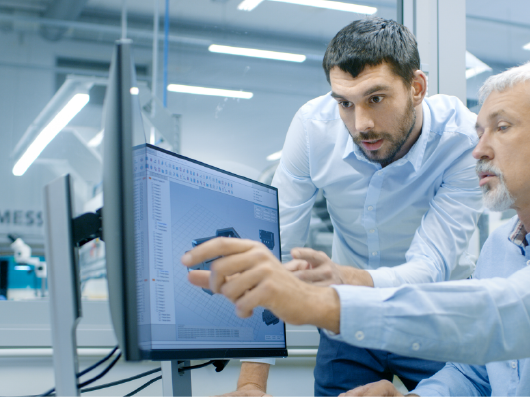 One man explaining something on a computer screen to another man