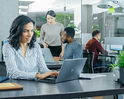 femme connectant son ordinateur portable et d'autres personnes travaillant au bureau