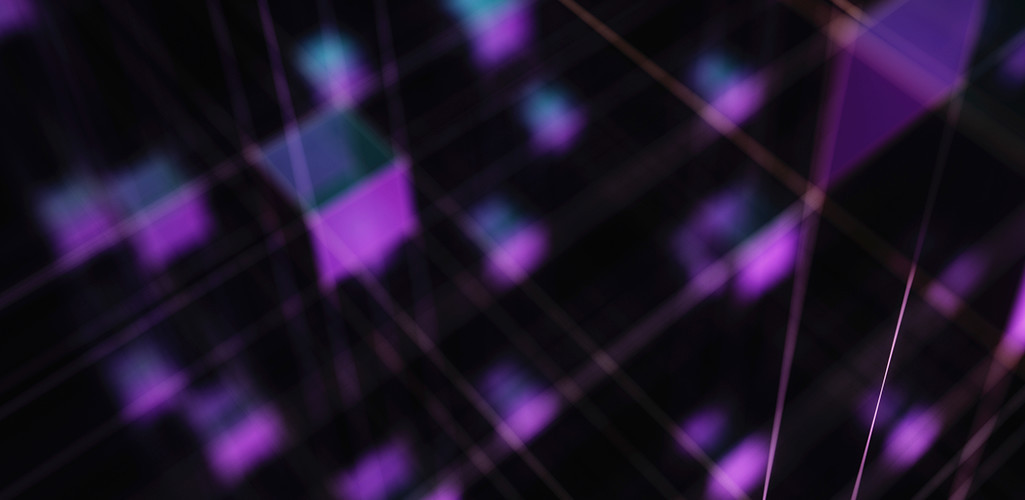 Un dessin abstrait de cubes violets et bleus flottant dans l'air