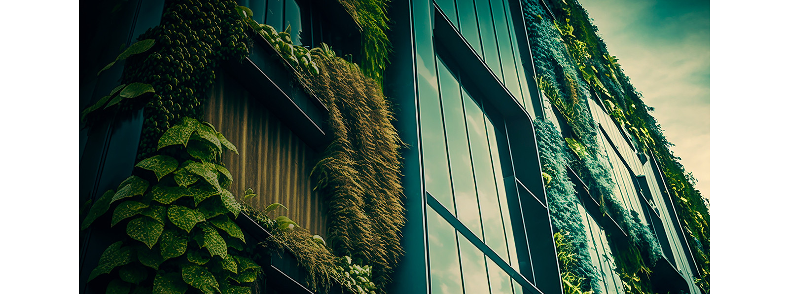 An eco-building with plants growing next to windows