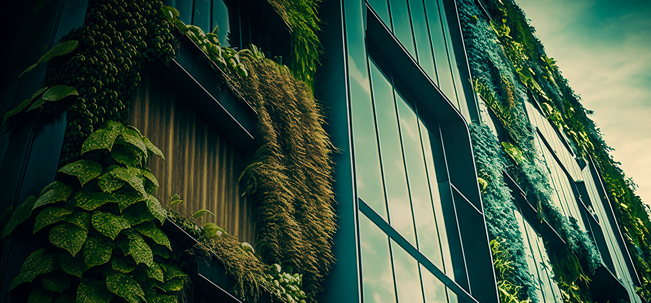 An eco-building with plants growing next to windows