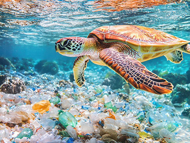 Tortuga marina verde nadando sobre coloridos desechos plásticos en el fondo del océano