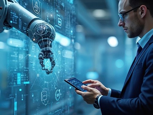 A man in a suit holding a tablet an studying a digital display on a screen in front of him