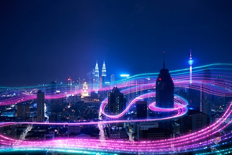 City with digital light swirling around buldings