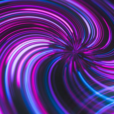 Abstract swirl of neon pink, purple, and blue light trails forming a dynamic digital vortex.