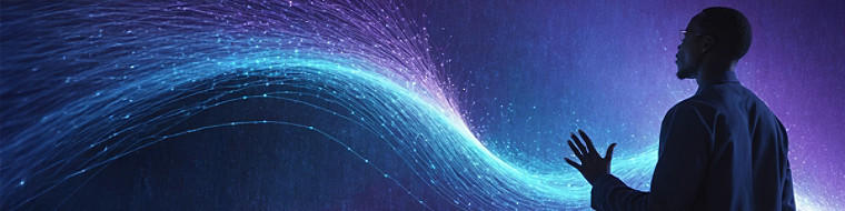 A shadow of a person with raised left hand looking at a digital stream like waves