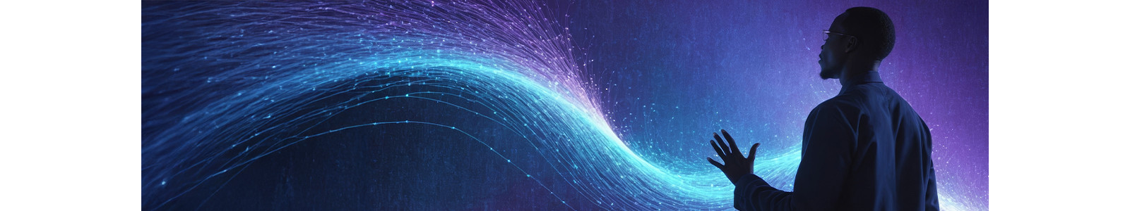 A dark figure of a person with raised right hand looking at a wave of streaming digital lights