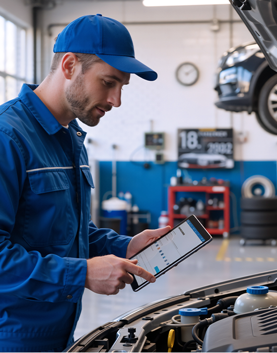 A man wearing blue overalls interacts with a tablet, observing a car, likely assessing its condition or details