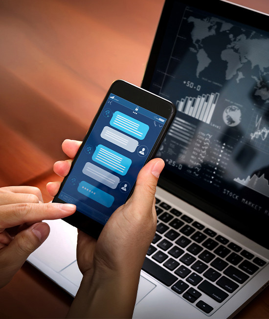 Smartphone messaging and real-time business analytics displayed across mobile and desktop devices