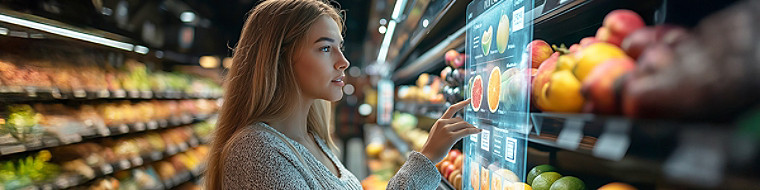 A woman browsing on a smart kiosk in a grocery store.