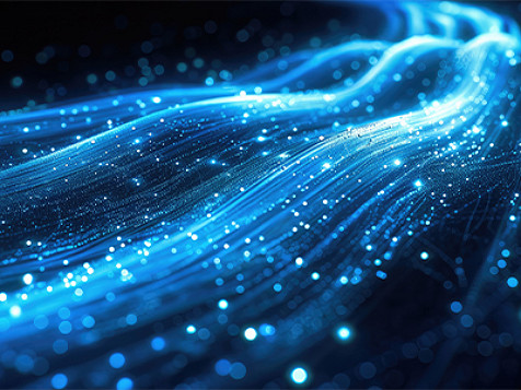 A bunch of blue, wavy digital lines with litup dots on them