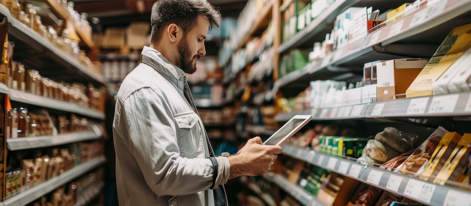 A man standing between grocery aisles and looking at his mobile device