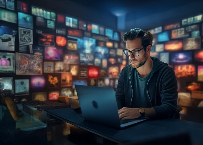 A guy working on his laptop surrounded by tv screens