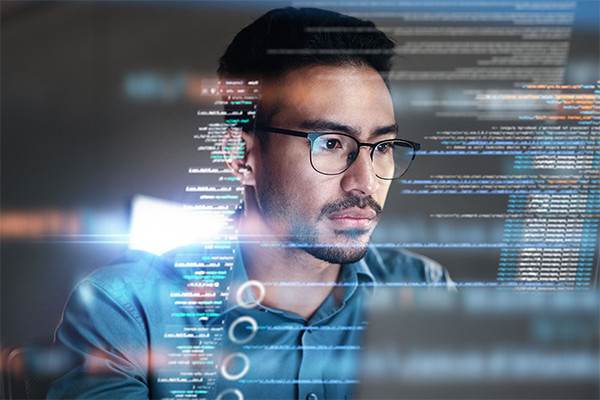 Programming coding and man with focus