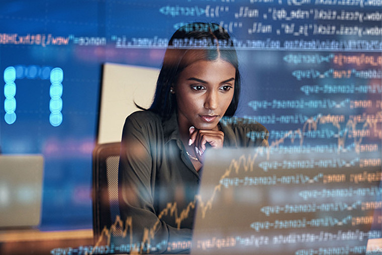 Laptop, code hologram and woman thinking of data analytics