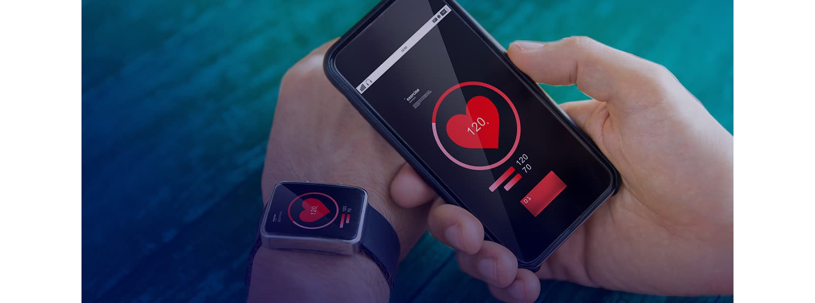 Photo of a hand holding a smartphone and smartwatch showing health data