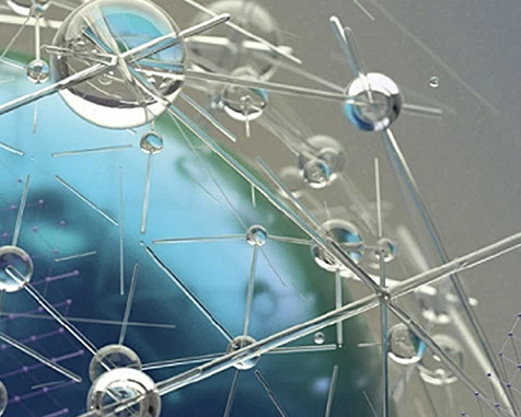 Vergrößertes Bild von Wassermolekülen, die wie transparente Glaskugeln aussehen