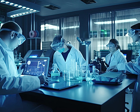 Quatre scientifiques travaillant dans un laboratoire.